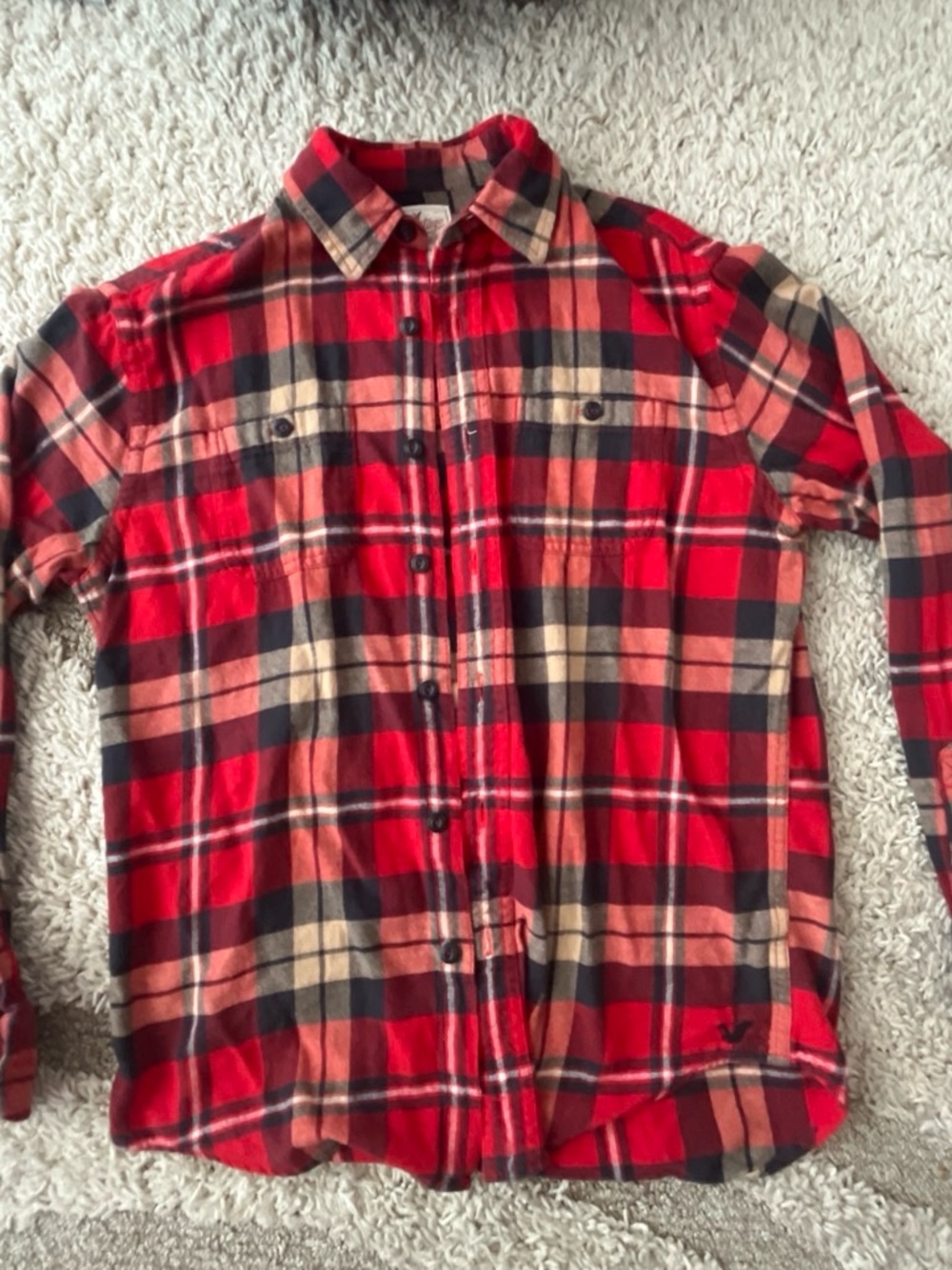 American Eagle Outfitters Red and Tan Plaid Button-Down Shirt